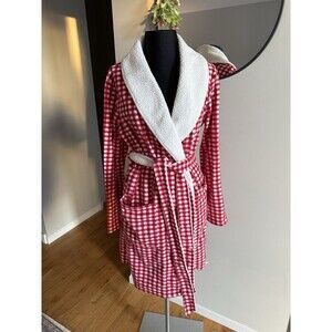 Red Check Plush Fleece Robe S/M Soft Cozy Belted Lounge Bath Robe Sherpa Lined